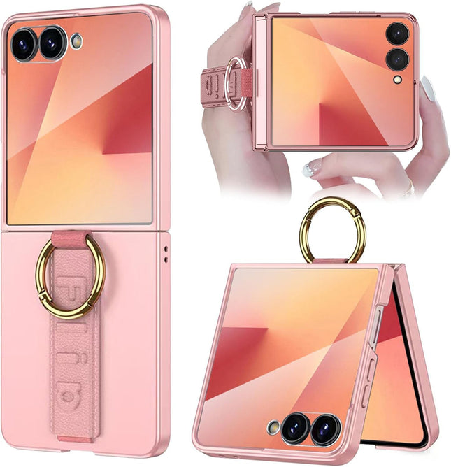 Kapa Shockproof Band Protective Back Cover for Flip7 / Z Flip 7 | Wrist Strap Ring Kickstand Inbuilt Screen Tempered Glass Case (Pink)