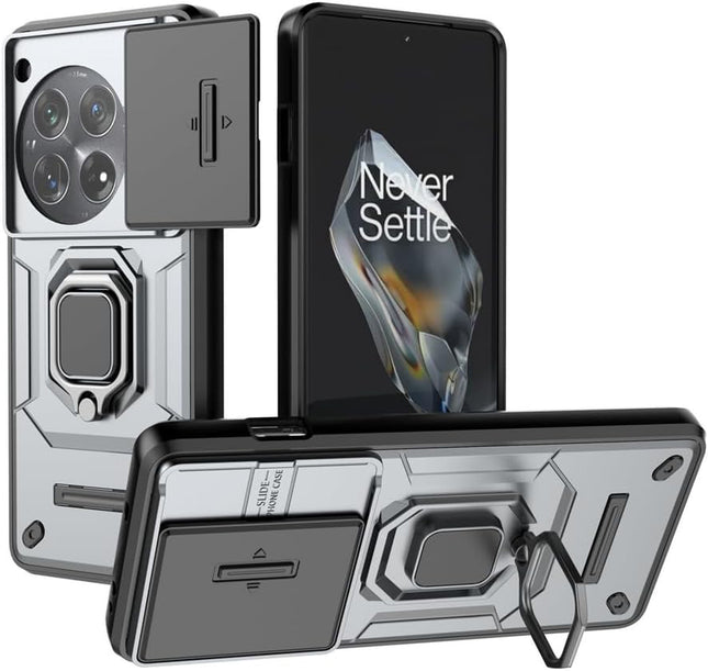 Kapa Armor Slider Back Cover for OnePlus 12R | Inbuilt Ring + Camera Slider Shockproof Lens Protection Bumper Back Case (Grey) - Mobizang