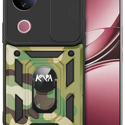Kapa Tank Back Cover for Vivo V50 / V50E 5G | Inbuilt Ring + Slider Shockproof Lens Protection Bumper Back Case (Green)