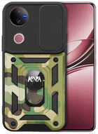 Kapa Tank Back Cover for Vivo V50 / V50E 5G | Inbuilt Ring + Slider Shockproof Lens Protection Bumper Back Case (Green)