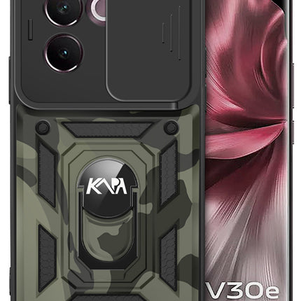 Kapa Tank Back Cover for Vivo V30E (5G) | Inbuilt Ring + Slider Shockproof Lens Protection Bumper Back Case (Black)