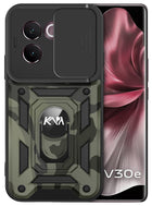 Kapa Tank Back Cover for Vivo V30E (5G) | Inbuilt Ring + Slider Shockproof Lens Protection Bumper Back Case (Black)