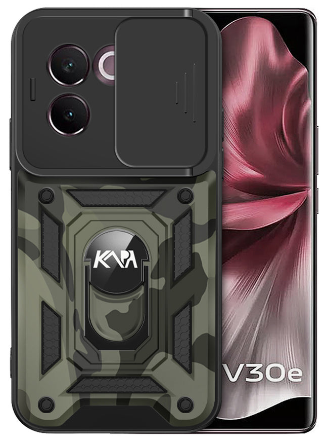 Kapa Tank Back Cover for Vivo V30E (5G) | Inbuilt Ring + Slider Shockproof Lens Protection Bumper Back Case (Black)