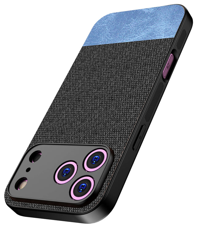 Kapa Soft Fabric & Leather Hybrid Protective Back Cover for Apple iPhone 17 Pro | Shockproof Slim Hard Anti Slip Back Case (Black,Blue)