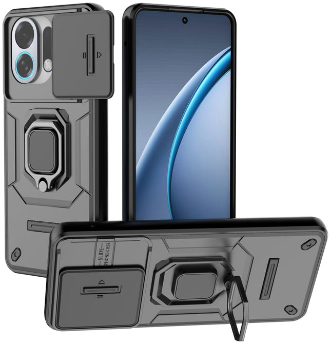 Kapa Armor Slider Back Cover for Oppo K13 Turbo / K13 Turbo Pro | Inbuilt Ring + Camera Slider Shockproof Lens Protection Bumper Back Case (Black)
