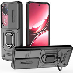Kapa Armor Slider Back Cover for Vivo T4R / V50 / V50E 5G | Inbuilt Ring + Camera Slider Shockproof Lens Protection Bumper Back Case (Black) - Mobizang