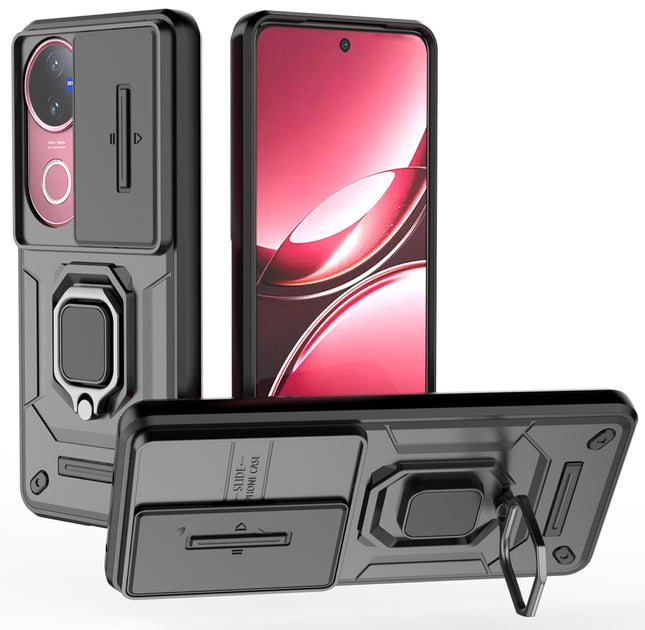 Kapa Armor Slider Back Cover for Vivo T4R / V50 / V50E 5G | Inbuilt Ring + Camera Slider Shockproof Lens Protection Bumper Back Case (Black) - Mobizang