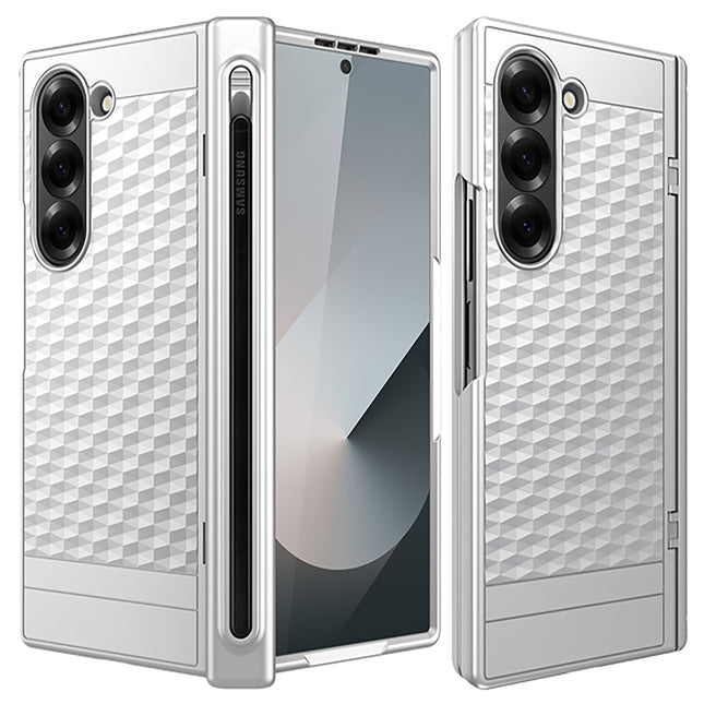 Kapa Geometric S Pen Holder Hinge Protection Back Cover for Samsung Galaxy Z Fold6 / Fold 6 | Slim Shock proof Case with Inbuilt Glass & S Pen Slot (Silver)