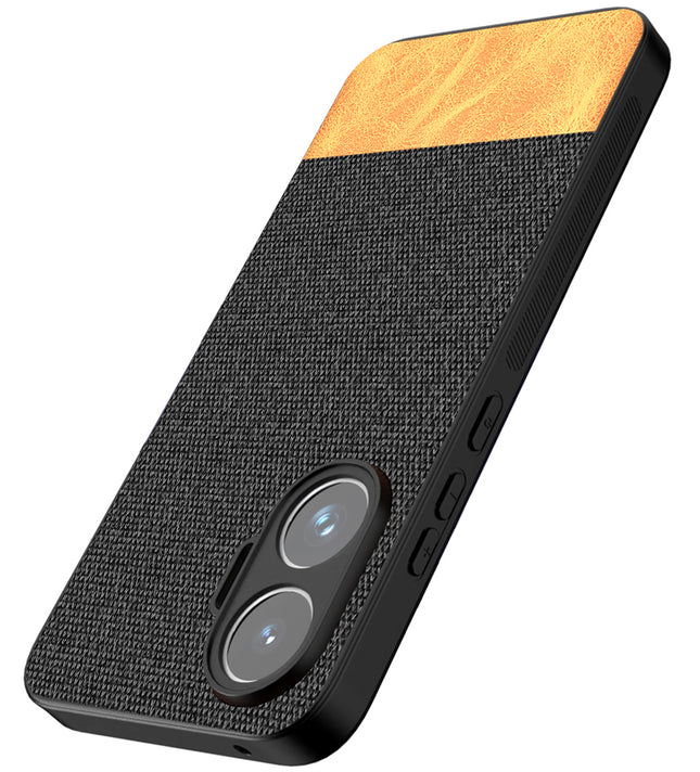 Kapa Soft Fabric & Leather Hybrid Protective Back Cover for Poco F7 5G | Shockproof Slim Hard Anti Slip Back Case (Black,Brown)