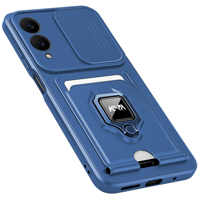 Kapa Bisen Back Cover for Samsung Galaxy S25 Edge | Inbuilt Camera Slider Ring Stand and Card Pocket Shockproof Slim Bumper Back Case (Blue)