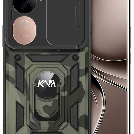 Kapa Tank Back Cover for Vivo V40E / IQOO Z9S | Inbuilt Ring + Slider Shockproof Lens Protection Bumper Back Case (Black)