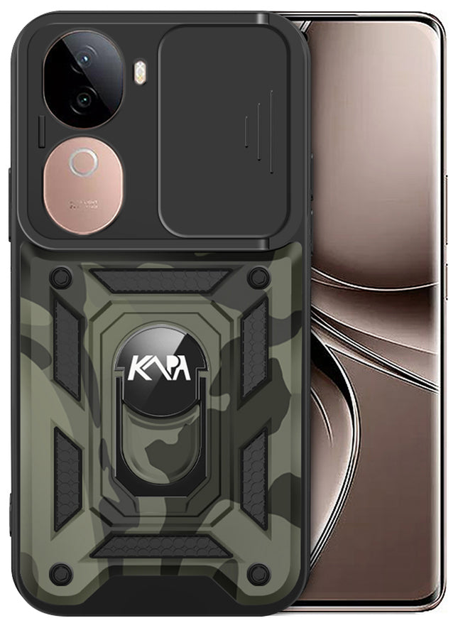 Kapa Tank Back Cover for Vivo V40E / IQOO Z9S | Inbuilt Ring + Slider Shockproof Lens Protection Bumper Back Case (Black)
