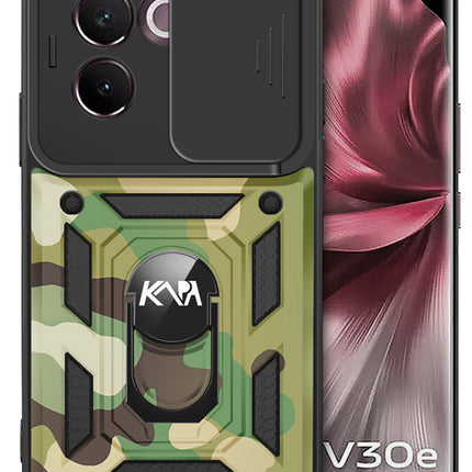 Kapa Tank Back Cover for Vivo V30E (5G) | Inbuilt Ring + Slider Shockproof Lens Protection Bumper Back Case (Green)