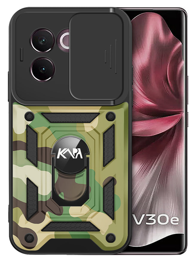 Kapa Tank Back Cover for Vivo V30E (5G) | Inbuilt Ring + Slider Shockproof Lens Protection Bumper Back Case (Green)