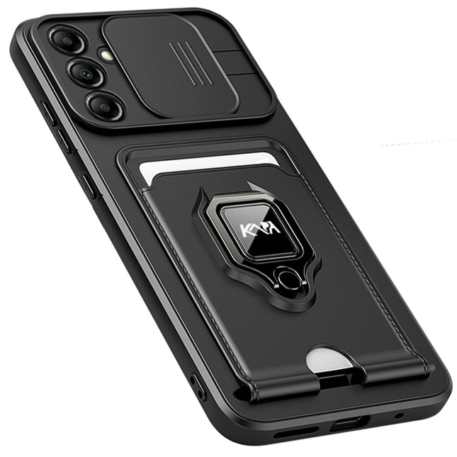 Kapa Bisen Back Cover for Samsung Galaxy A55 (5G) | Inbuilt Camera Slider Ring Stand and Card Pocket Shockproof Slim Bumper Back Case (Black) - Mobizang