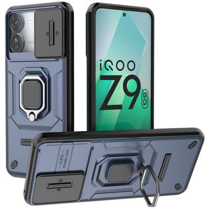 Kapa Armor Slider Back Cover for Iqoo Z9 | Inbuilt Ring + Camera Slider Shockproof Lens Protection Bumper Back Case (Blue)
