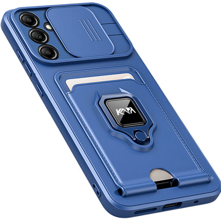 Kapa Bisen Back Cover for Samsung Galaxy A55 (5G) | Inbuilt Camera Slider Ring Stand and Card Pocket Shockproof Slim Bumper Back Case (Blue) - Mobizang