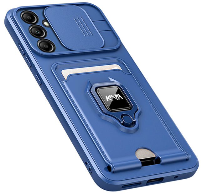 Kapa Bisen Back Cover for Samsung Galaxy A55 (5G) | Inbuilt Camera Slider Ring Stand and Card Pocket Shockproof Slim Bumper Back Case (Blue) - Mobizang