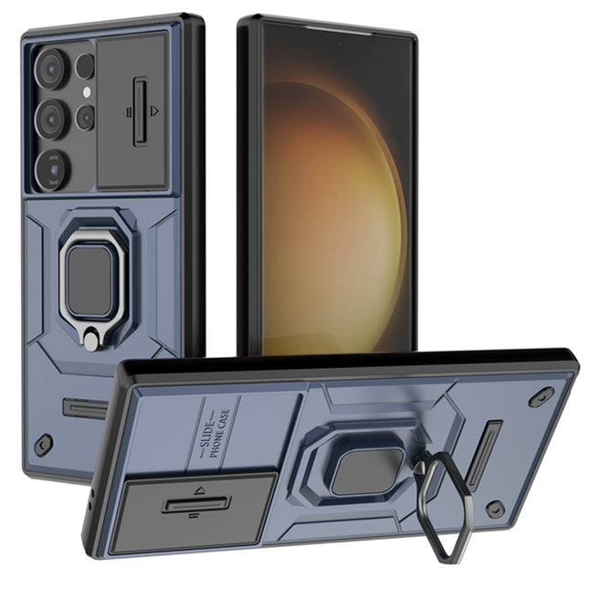 Kapa Armor Slider Back Cover for Samsung Galaxy S24 Ultra | Inbuilt Ring + Camera Slider Shockproof Lens Protection Bumper Back Case (Blue) - Mobizang