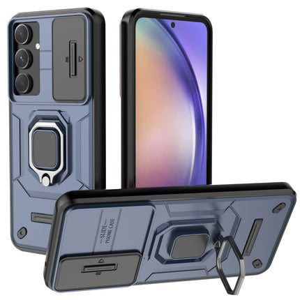 Kapa Armor Slider Back Cover for Samsung Galaxy A55 (5G) | Inbuilt Ring + Camera Slider Shockproof Lens Protection Bumper Back Case (Blue)