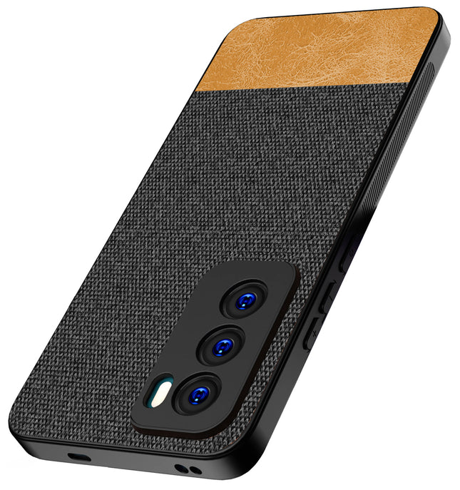 Kapa Soft Fabric & Leather Hybrid Protective Back Cover for Oppo Reno 12 Pro (5G) | Shockproof Slim Hard Anti Slip Back Case (Black,Brown)