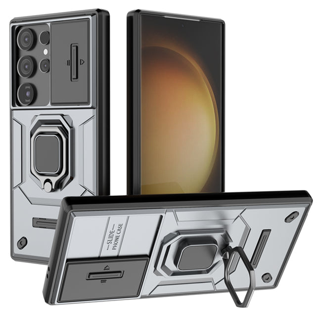 Kapa Armor Slider Back Cover for Samsung Galaxy S24 Ultra | Inbuilt Ring + Camera Slider Shockproof Lens Protection Bumper Back Case (Grey) - Mobizang