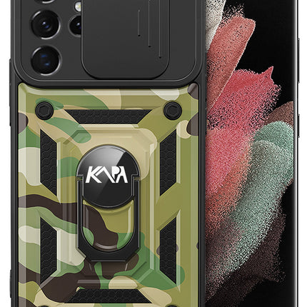 Kapa Tank Back Cover for Samsung Galaxy S25 Ultra | Inbuilt Ring + Slider Shockproof Lens Protection Bumper Back Case (Green) - Mobizang