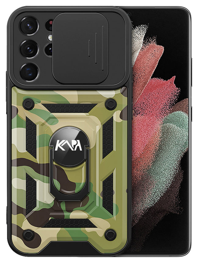 Kapa Tank Back Cover for Samsung Galaxy S25 Ultra | Inbuilt Ring + Slider Shockproof Lens Protection Bumper Back Case (Green) - Mobizang