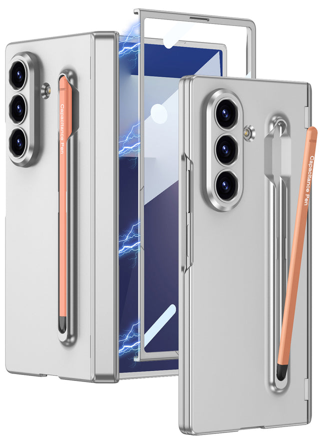 Kapa Contrast Magnetic Hinge Case for Samsung Galaxy Z Fold 7 | Inbuilt S-Pen Holder Slim Back Cover (Silver with Pink Pen)