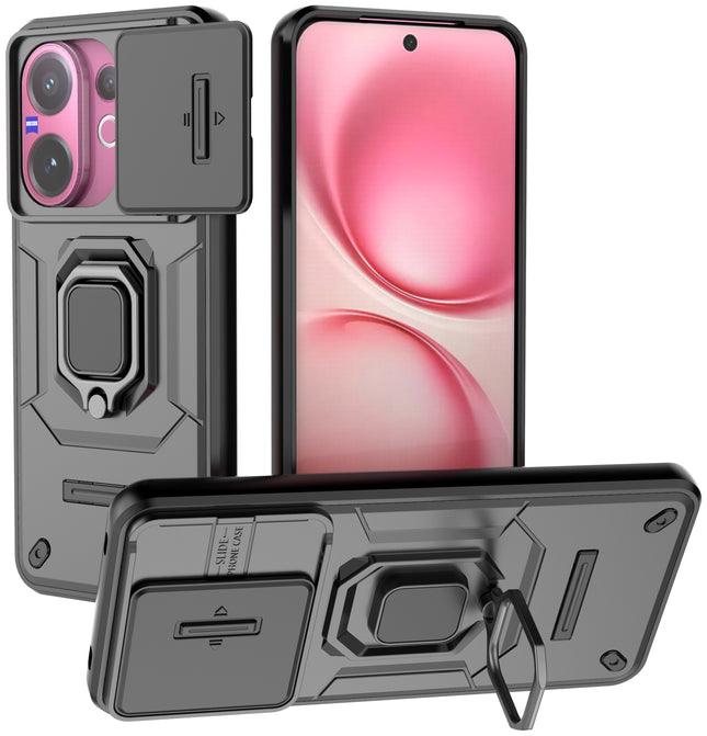 Kapa Armor Slider Back Cover for Vivo V60 / V60e / Vivo T4 Pro 5G | Inbuilt Ring + Camera Slider Shockproof Lens Protection Bumper Back Case (Black) - Mobizang