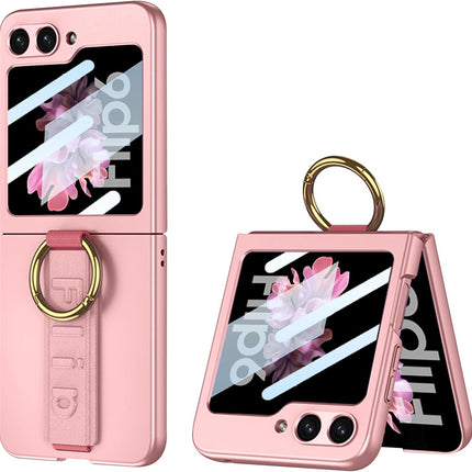 Kapa Shockproof Band Protective Back Cover for Flip6 / Z Flip 6 | Wrist Strap Ring Kickstand Inbuilt Screen Tempered Glass Case (Pink)
