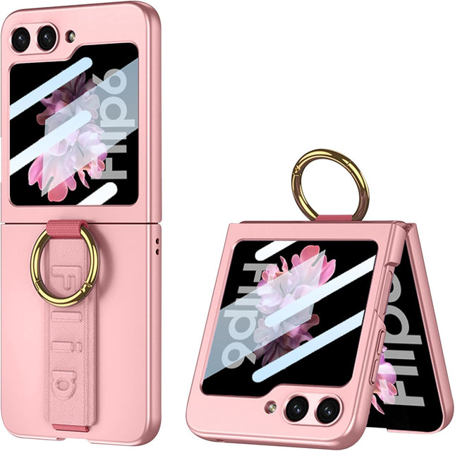 Kapa Shockproof Band Protective Back Cover for Flip6 / Z Flip 6 | Wrist Strap Ring Kickstand Inbuilt Screen Tempered Glass Case (Pink)