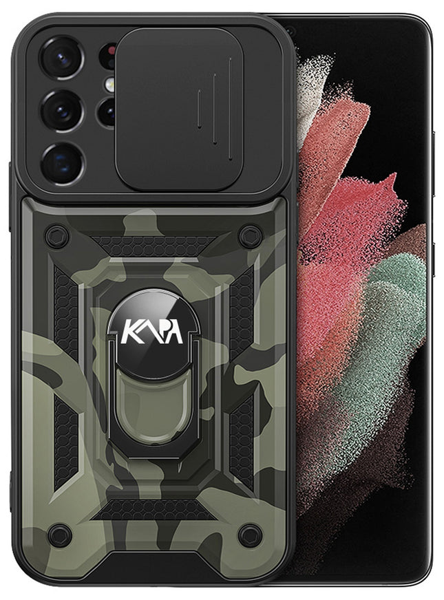Kapa Tank Back Cover for Samsung Galaxy S25 Ultra | Inbuilt Ring + Slider Shockproof Lens Protection Bumper Back Case (Black)