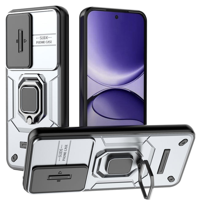Kapa Armor Slider Back Cover for Poco F7 5G | Inbuilt Ring + Camera Slider Shockproof Lens Protection Bumper Back Case (Grey)