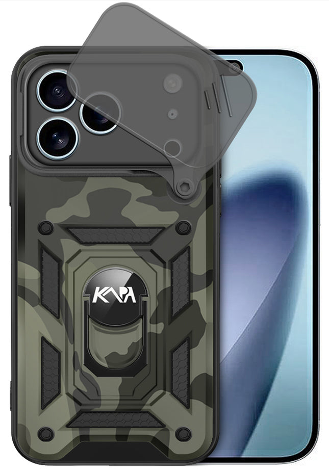 Kapa Tank Back Cover for Apple iPhone 17 Pro | Inbuilt Ring + Slider Shockproof Lens Protection Bumper Back Case (Black)