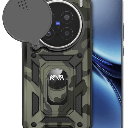 Kapa Tank Back Cover for Vivo X200 Pro (5G) | Inbuilt Ring + Slider Shockproof Lens Protection Bumper Back Case (Black)