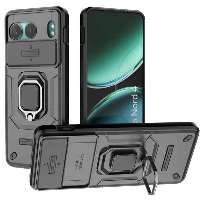 Kapa Armor Slider Back Cover for OnePlus Nord 4 | Inbuilt Ring + Camera Slider Shockproof Lens Protection Bumper Back Case (Black)