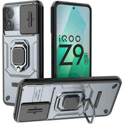 Kapa Armor Slider Back Cover for Iqoo Z9 | Inbuilt Ring + Camera Slider Shockproof Lens Protection Bumper Back Case (Grey)