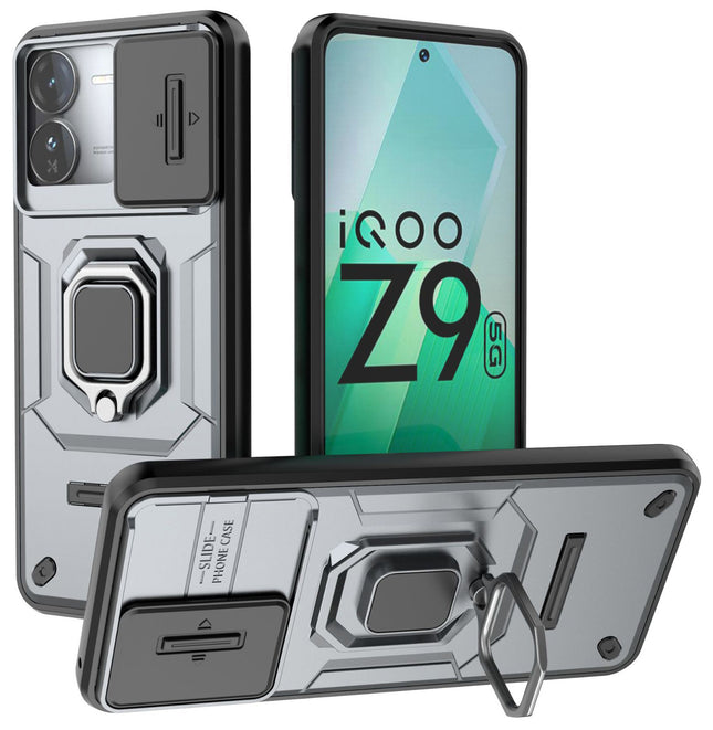 Kapa Armor Slider Back Cover for Iqoo Z9 | Inbuilt Ring + Camera Slider Shockproof Lens Protection Bumper Back Case (Grey)