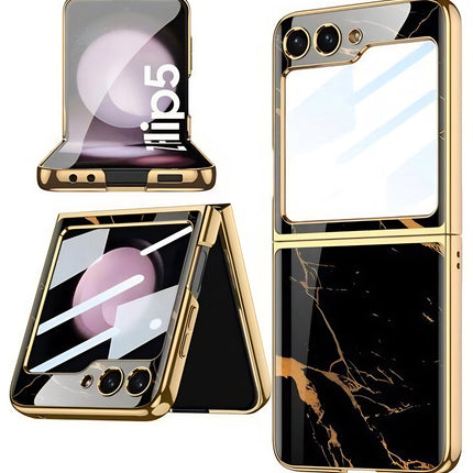 Kapa 9H Glass Back Case for Samsung Galaxy Z Flip5 / Z Flip 5,Ultra Thin Full Body Protection Folding Hard Back Cover, Black Marble