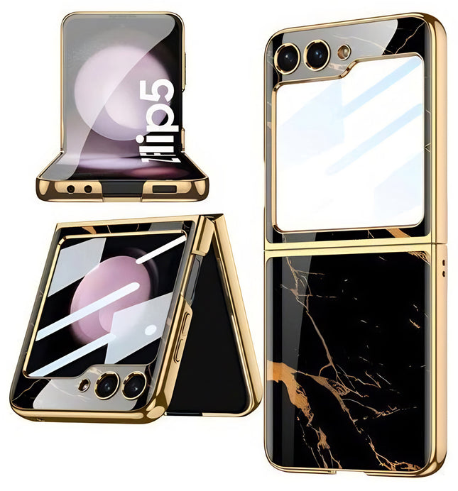 Kapa 9H Glass Back Case for Samsung Galaxy Z Flip5 / Z Flip 5,Ultra Thin Full Body Protection Folding Hard Back Cover, Black Marble