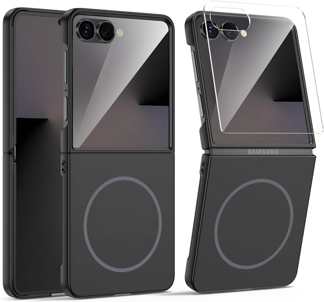 Kapa Ultra Thin Compatible with Magsafe Back PC Case for Samsung Galaxy Z Flip7 / Flip 7 | with Wireless Charging Support Ring Full Body Protection Cover (Black)