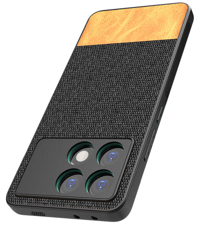 Kapa Soft Fabric & Leather Hybrid Protective Back Cover for Poco X6 Pro | Shockproof Slim Hard Anti Slip Back Case (Black,Brown)