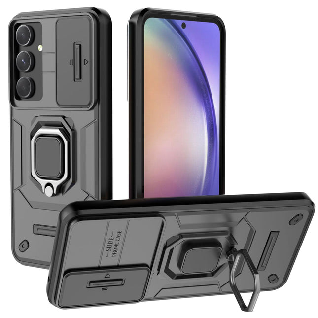 Kapa Armor Slider Back Cover for Samsung Galaxy S24 FE | Inbuilt Ring + Camera Slider Shockproof Lens Protection Bumper Back Case (Black) - Mobizang