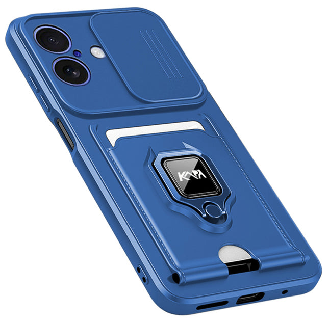 Kapa Bisen Back Cover for Apple iPhone 17 | Inbuilt Camera Slider Ring Stand and Card Pocket Shockproof Slim Bumper Back Case (Blue)