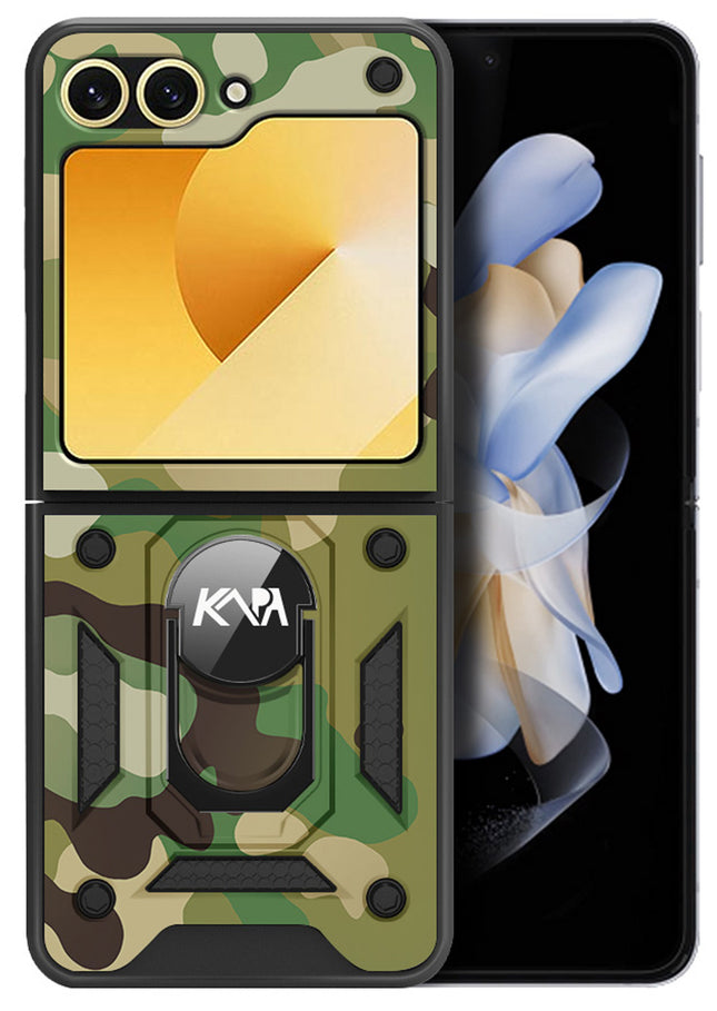 Kapa Tank Back Cover for Samsung Galaxy Z Flip 6 | Inbuilt Ring + Slider Shockproof Lens Protection Bumper Back Case (Green)
