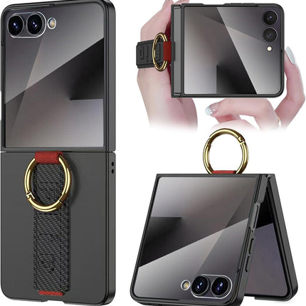 Kapa Shockproof Band Protective Back Cover for Flip7 / Z Flip 7 | Wrist Strap Ring Kickstand Inbuilt Screen Tempered Glass Case (Black)