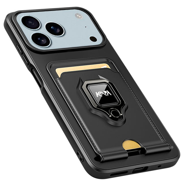 Kapa Bisen Back Cover for Apple iPhone 17 Pro Max | Inbuilt Camera Slider Ring Stand and Card Pocket Shockproof Slim Bumper Back Case (Black) - Mobizang