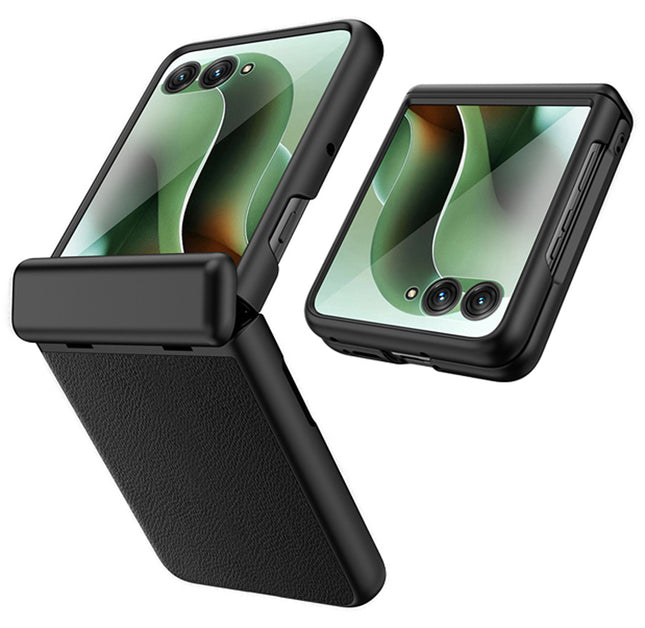 Kapa Leather Hinge Protection Back Cover for Moto Razr 60 Ultra| with [Inbuilt Glass] Full Body Shockproof Hard Back Case (Black) - Mobizang
