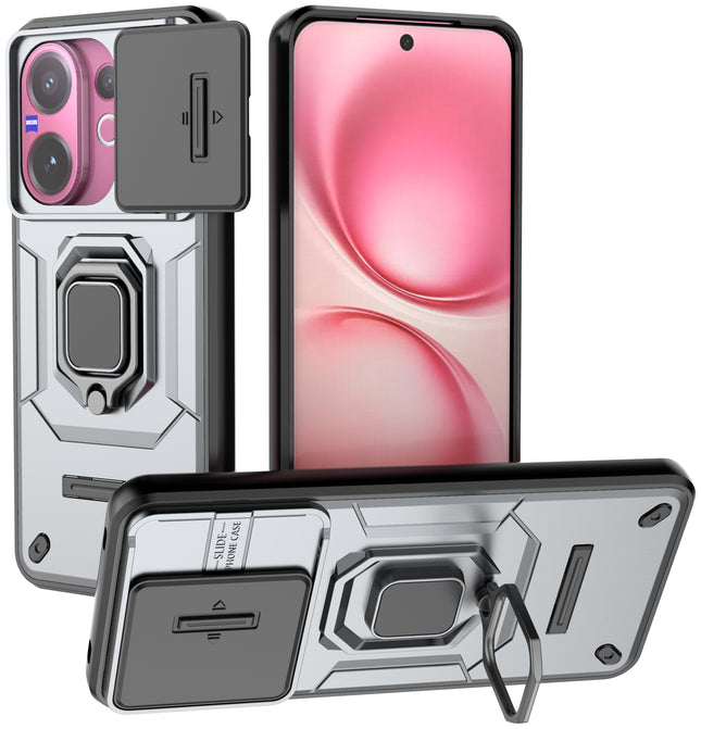 Kapa Armor Slider Back Cover for Vivo V60 / V60e / Vivo T4 Pro 5G | Inbuilt Ring + Camera Slider Shockproof Lens Protection Bumper Back Case (Grey) - Mobizang